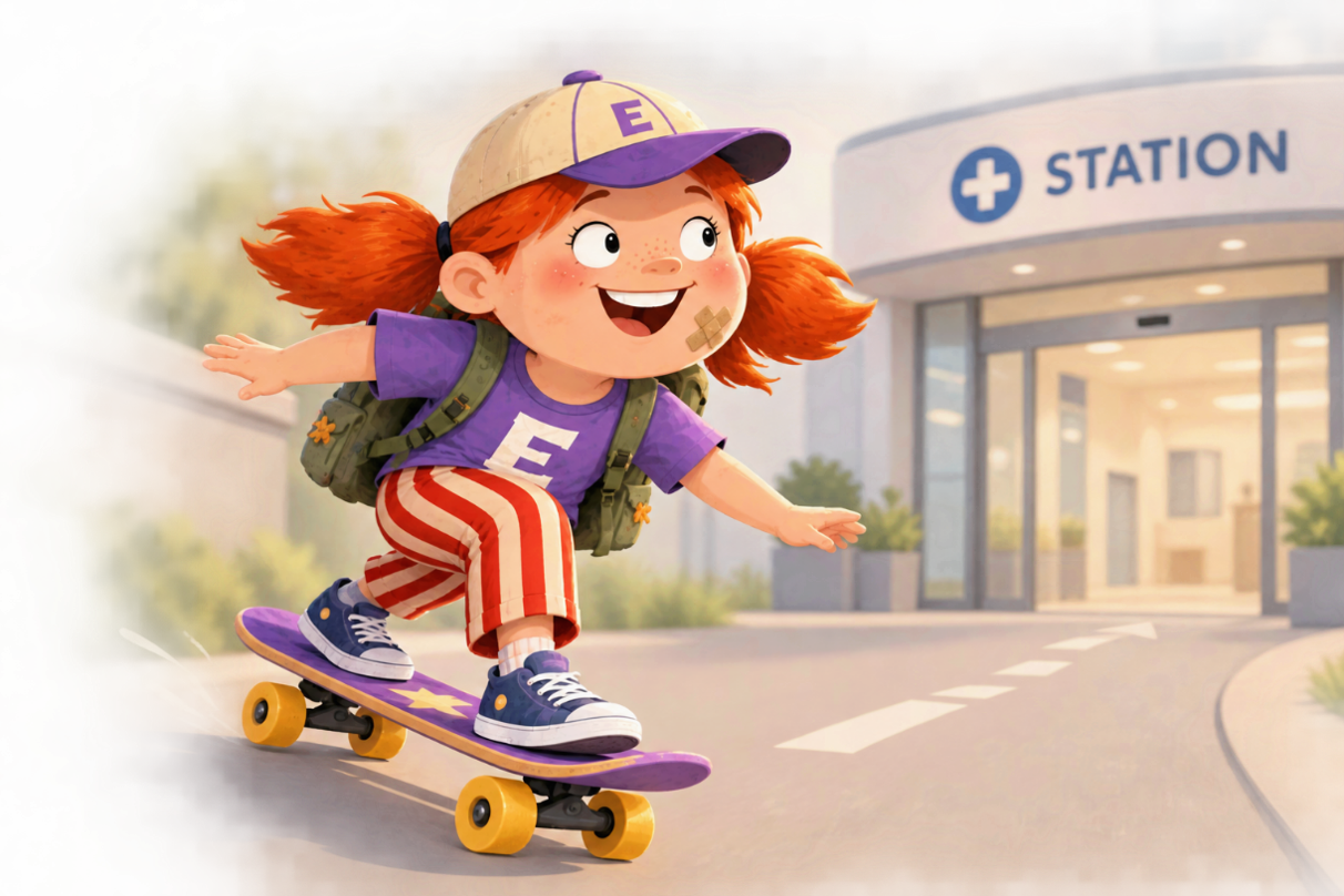 Elli saust auf ihrem lila Skateboard auf die Station zu