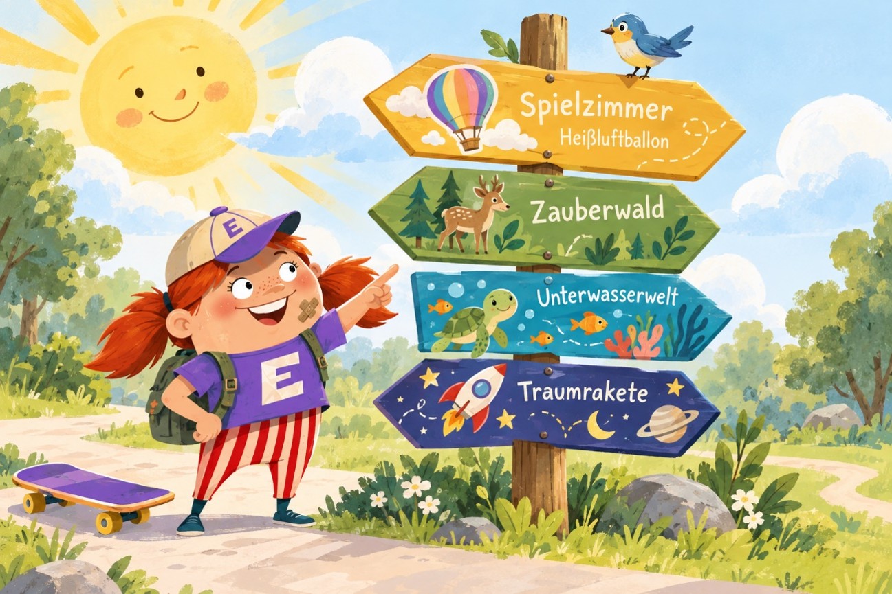 Elli zeigt auf einen Wegweiser zu Spielzimmer, Zauberwald, Unterwasserwelt und Traumrakete, daneben eine lachende Sonne