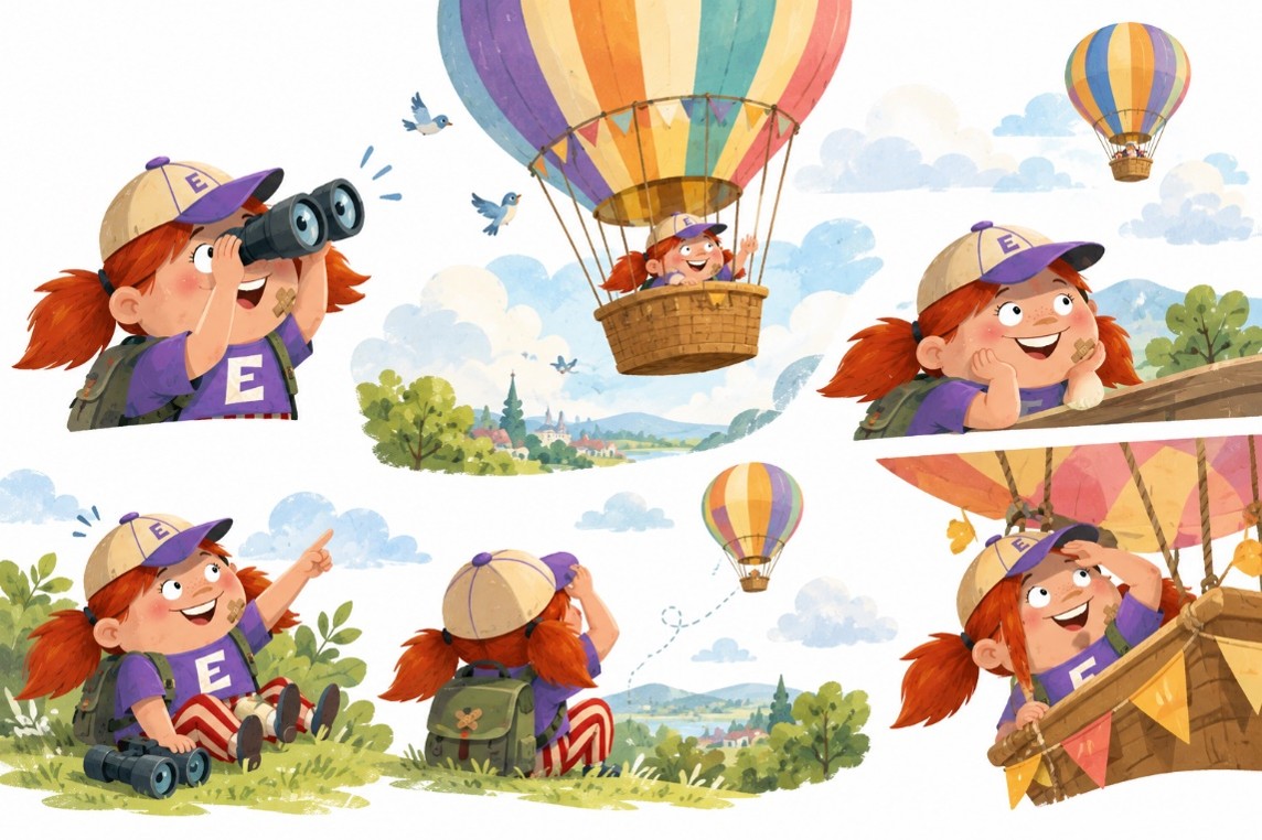 Elli mit Fernglas und im Korb eines bunten Heißluftballons hoch über den Wolken