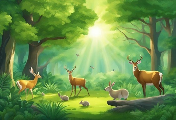 Ein sonniger Wald mit Rehen und Hasen auf einer Lichtung