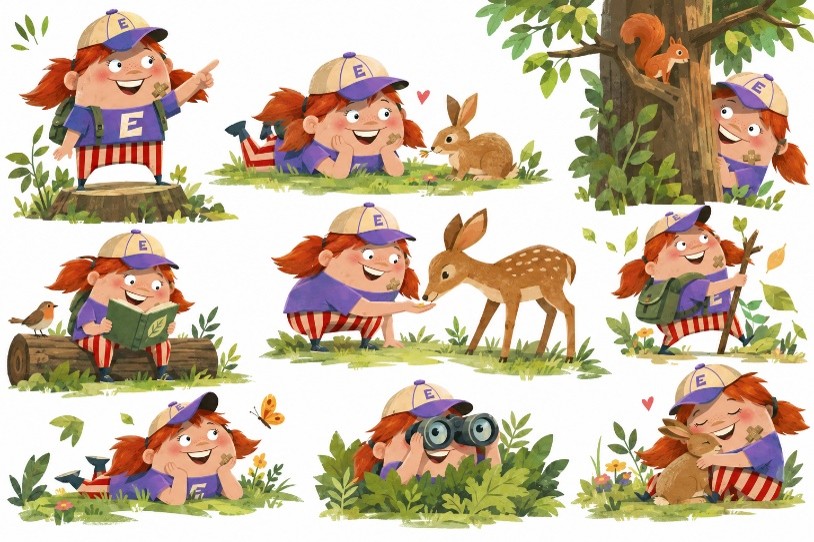 Elli im Wald mit Hase, Reh, Eichhörnchen und Schmetterling
