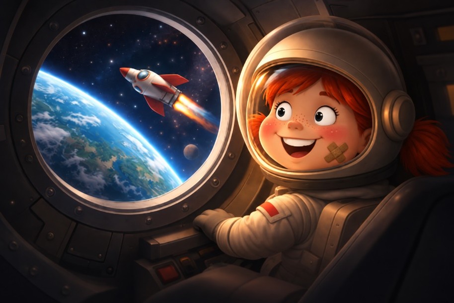 Elli im Raumanzug schaut aus dem Bullauge auf die Erde und eine Rakete