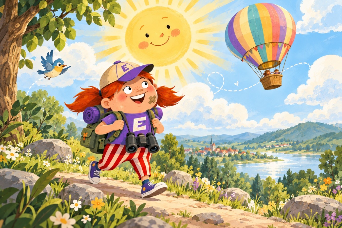 Elli wandert mit Rucksack und Fernglas, im Hintergrund ein bunter Heißluftballon und eine lachende Sonne
